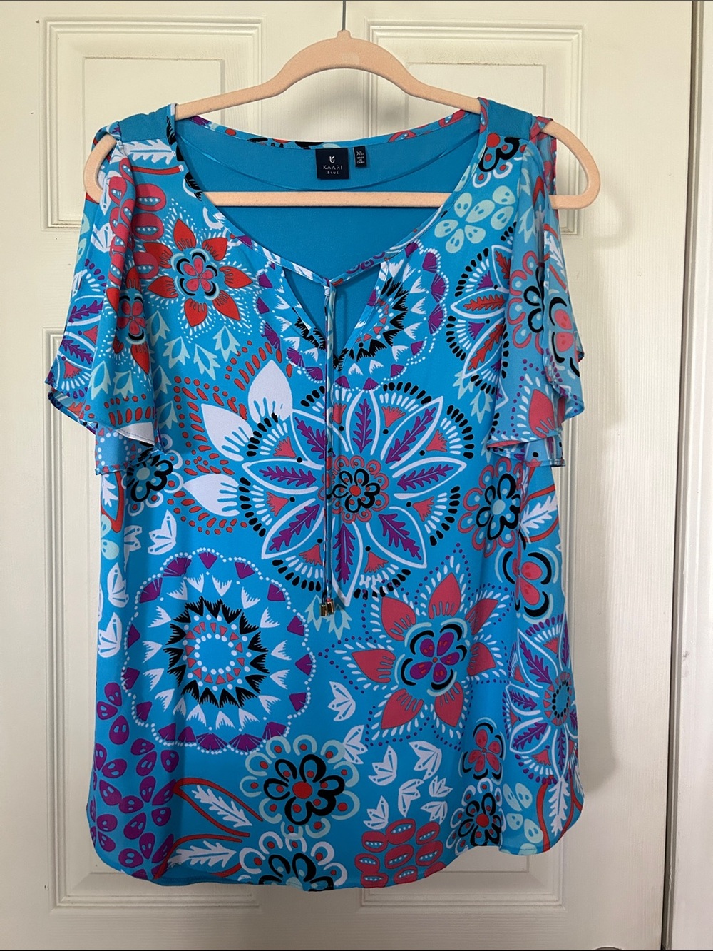 Kaari Blue Floral Cold-Shoulder Tie-Front Blouse